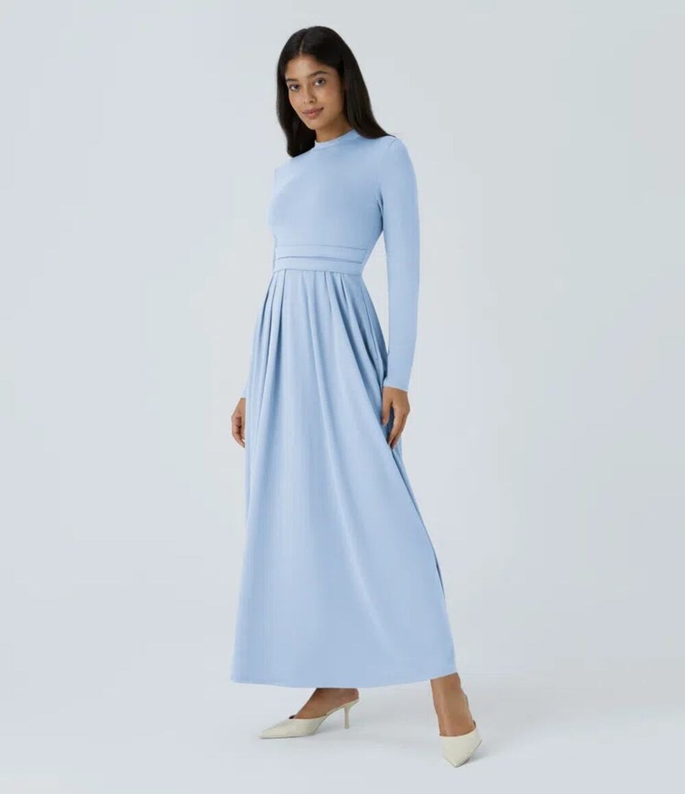 Halara Maxi Dress Mock Neck Long Sleeve A-line Casual Pockets Blue Size S